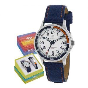 Reloj marea pulsera esfera blanca detalle naranja